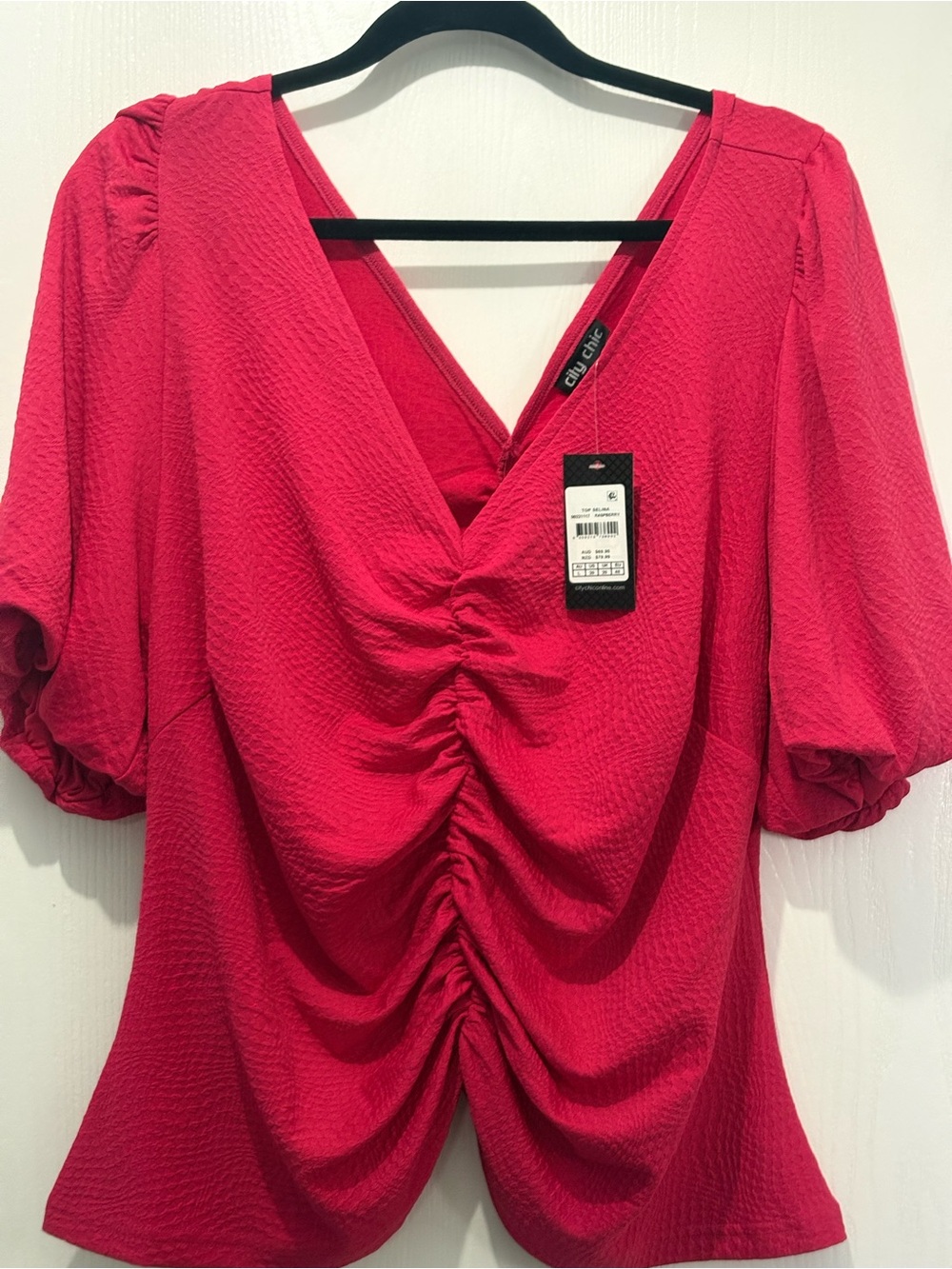City Chic Selina Ruched Raspberry V-Neck Women's Top, city Chic Large-18/20  NWT